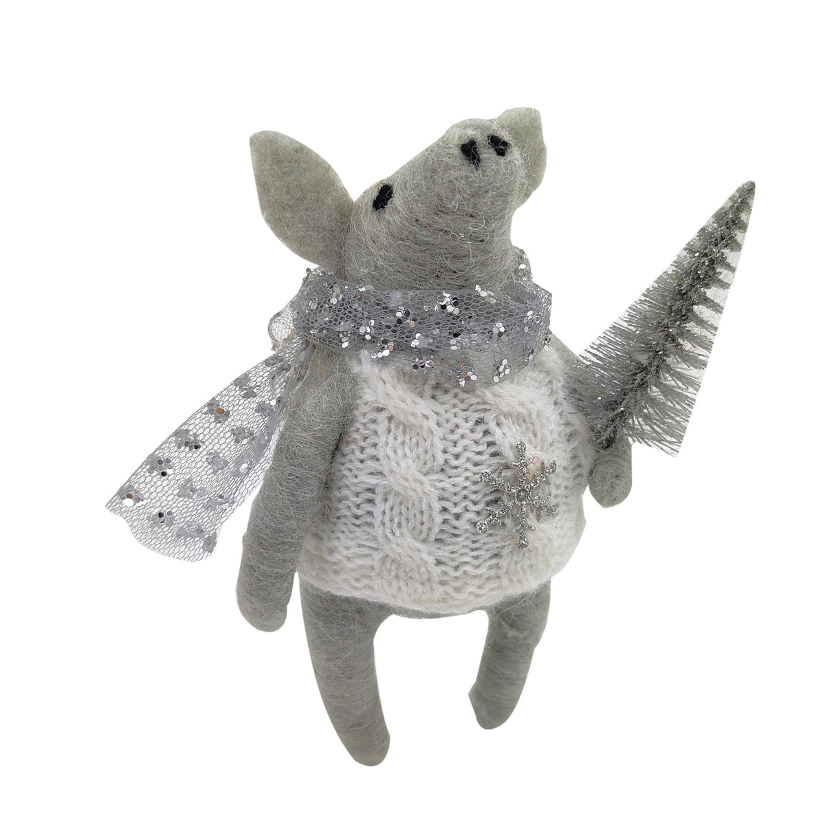 Grey felt pig ornament in a cream knitted jumper holding a silver glitter tree with sequin scarf