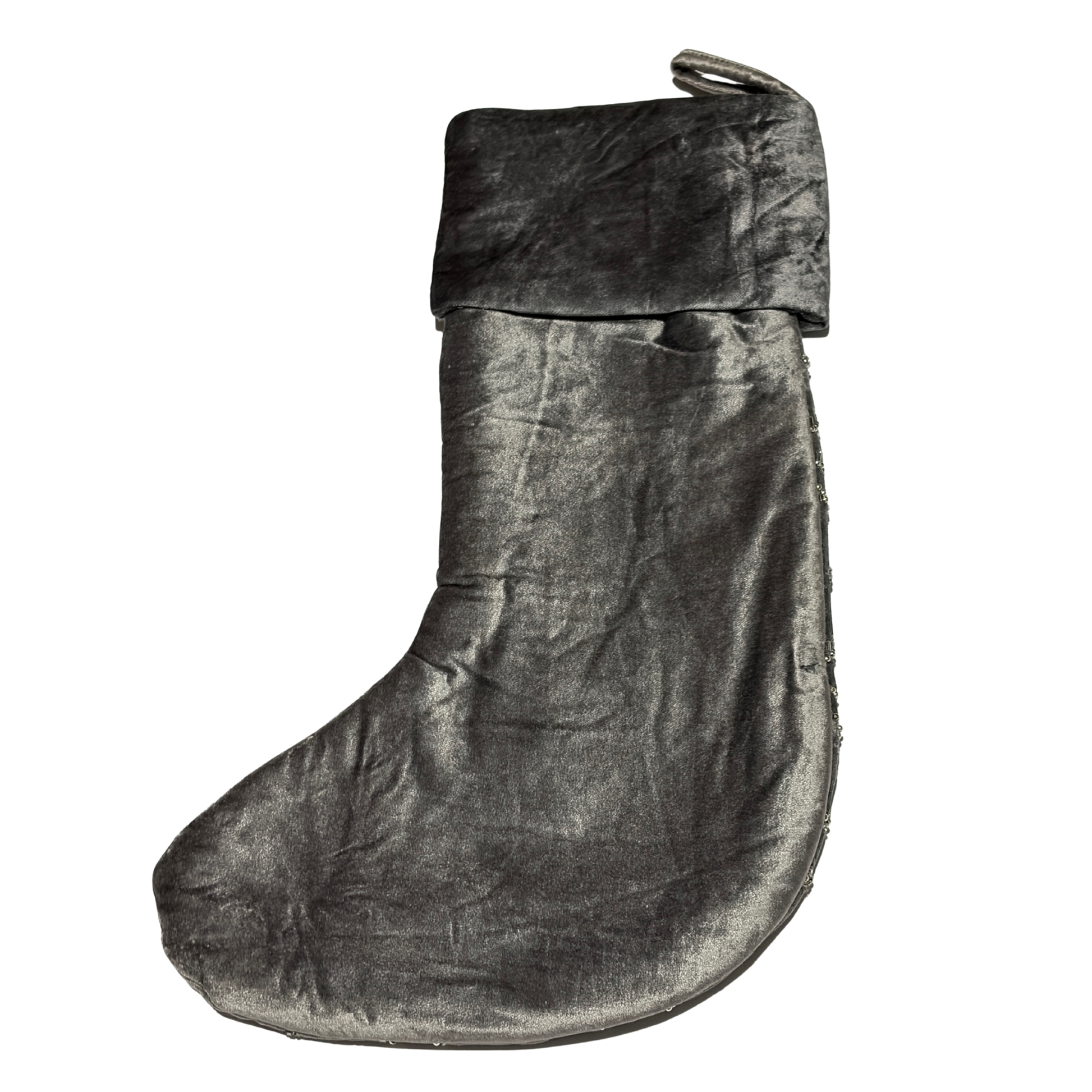 Hand-beaded grey velvet Christmas stocking with gold snowflake designs