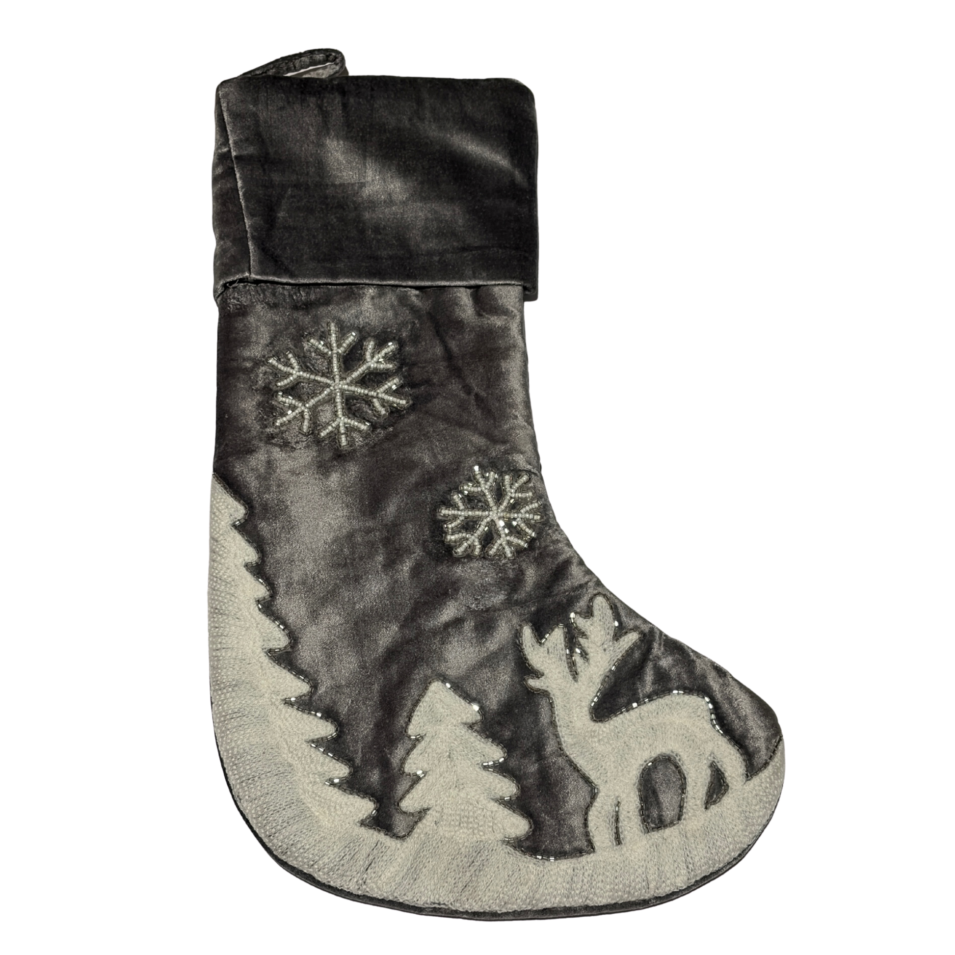 Hand-beaded grey velvet Christmas stocking with reindeer, trees, and snowflakes