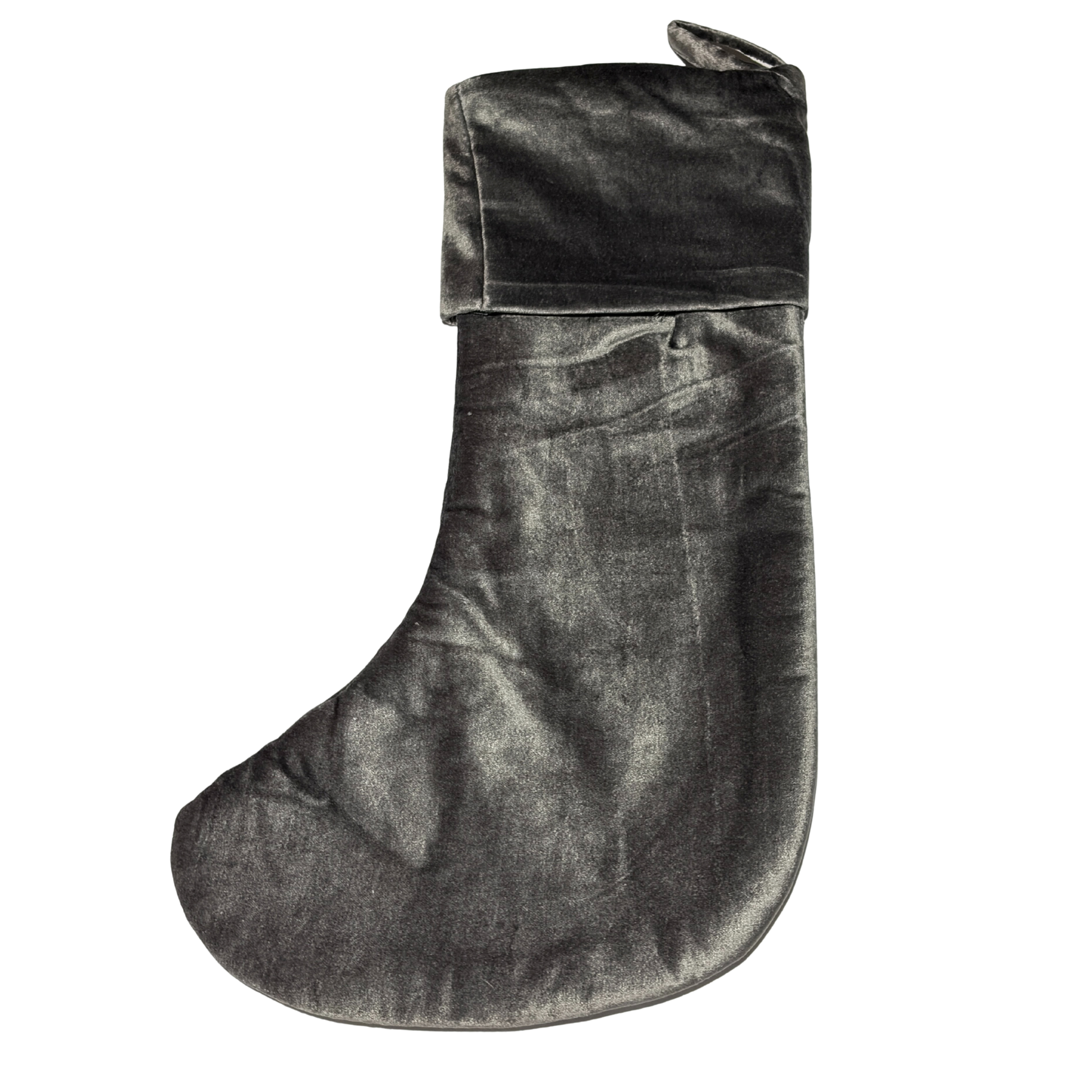 Gray velvet Christmas stocking on a white background