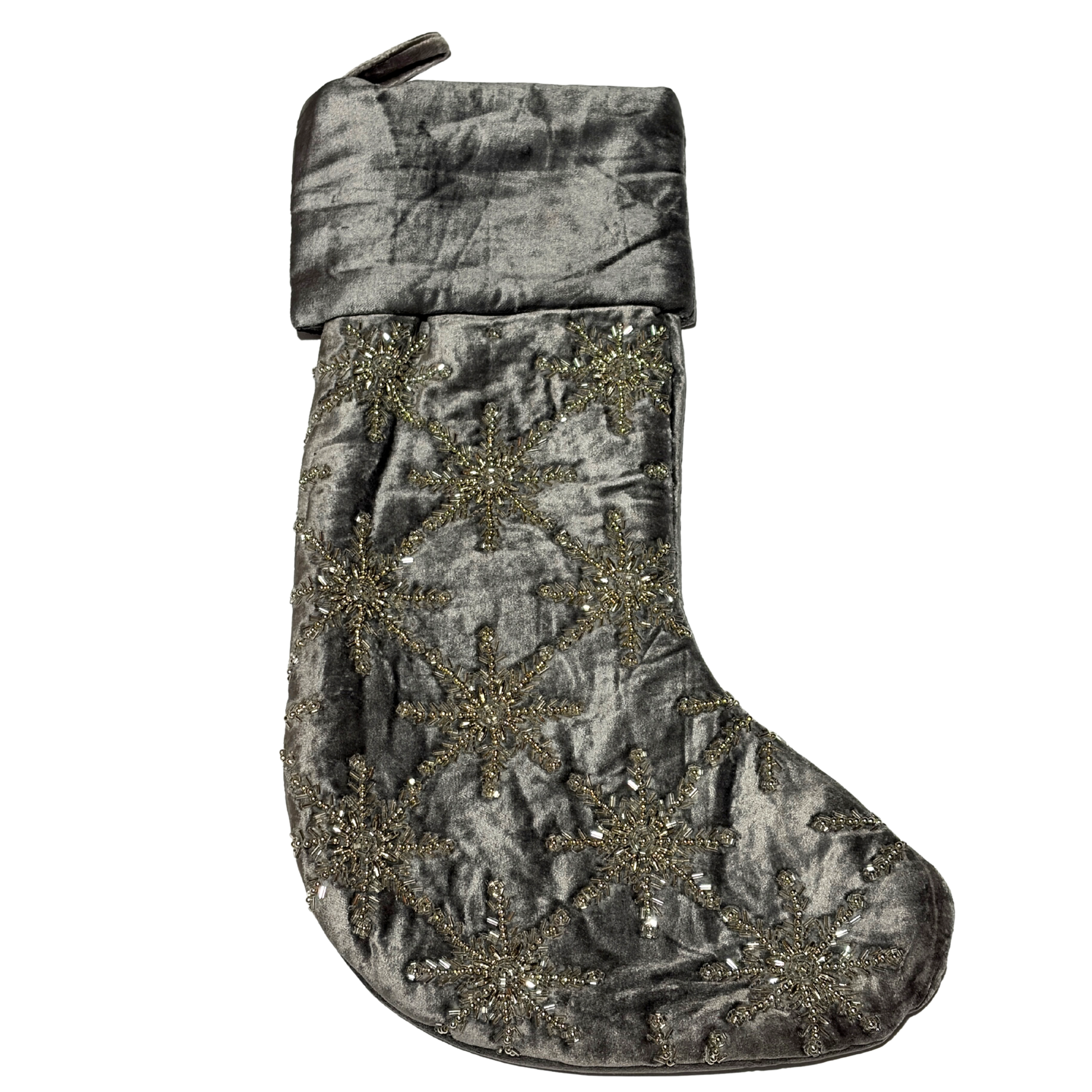 Hand-beaded grey velvet Christmas stocking with gold snowflake designs
