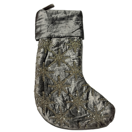 Hand-beaded grey velvet Christmas stocking with gold snowflake designs