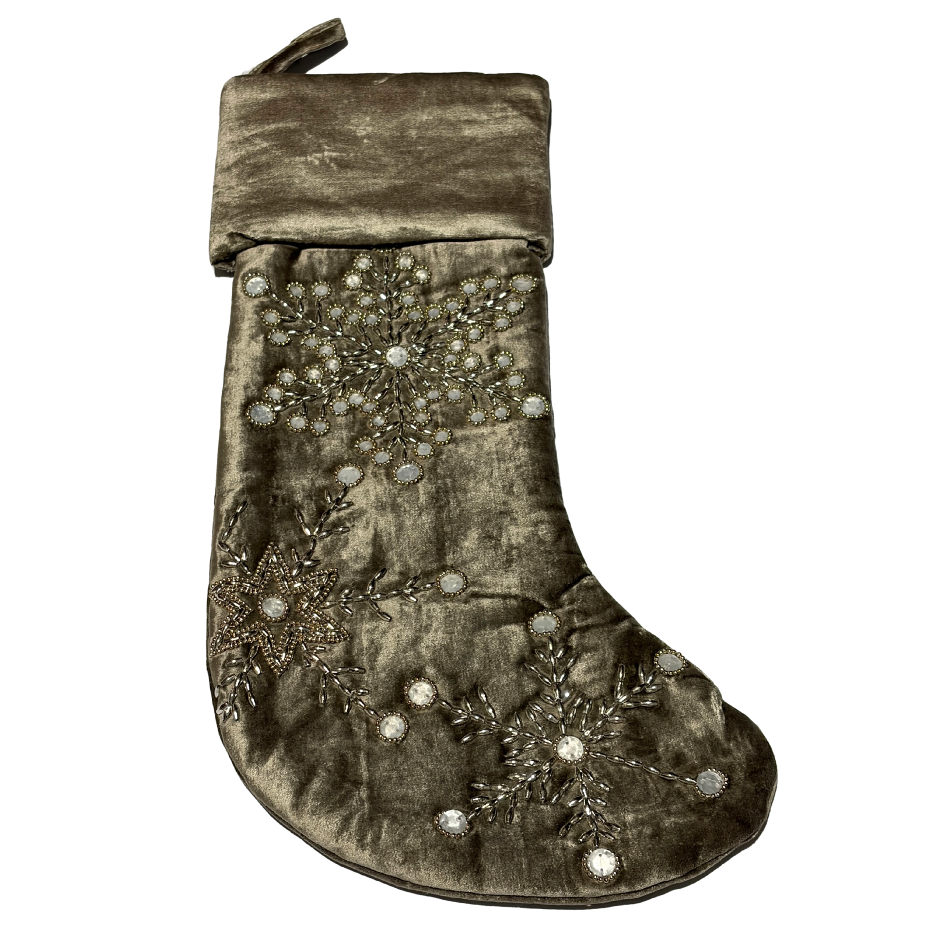 Hand-beaded grey velvet Christmas stocking with crystal snowflake designs