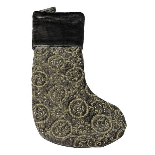 Hand-beaded grey velvet Christmas stocking with silver and pearl circular bead designs