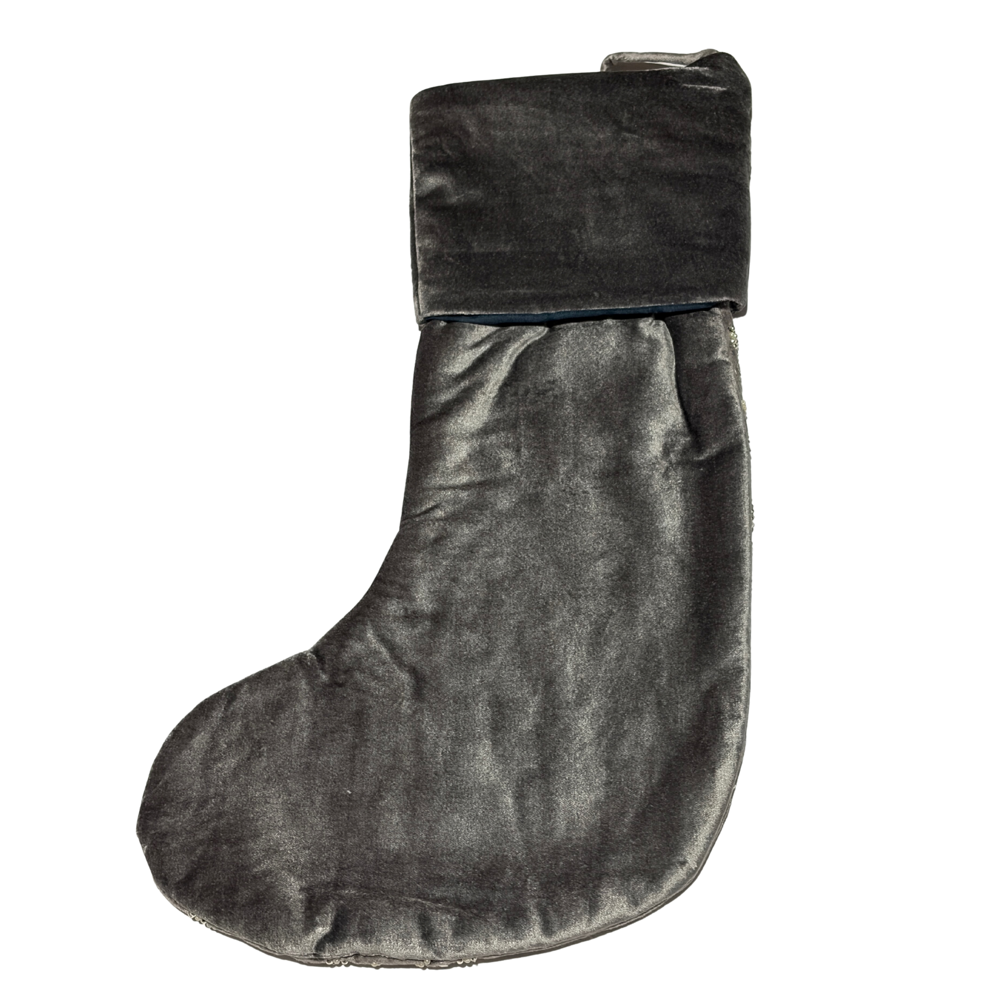 Hand-beaded grey velvet Christmas stocking with silver and pearl circular bead designs