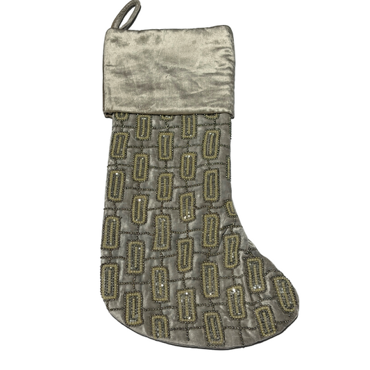 Hand-beaded grey velvet Christmas stocking with pearl and silver embroidered geometric design