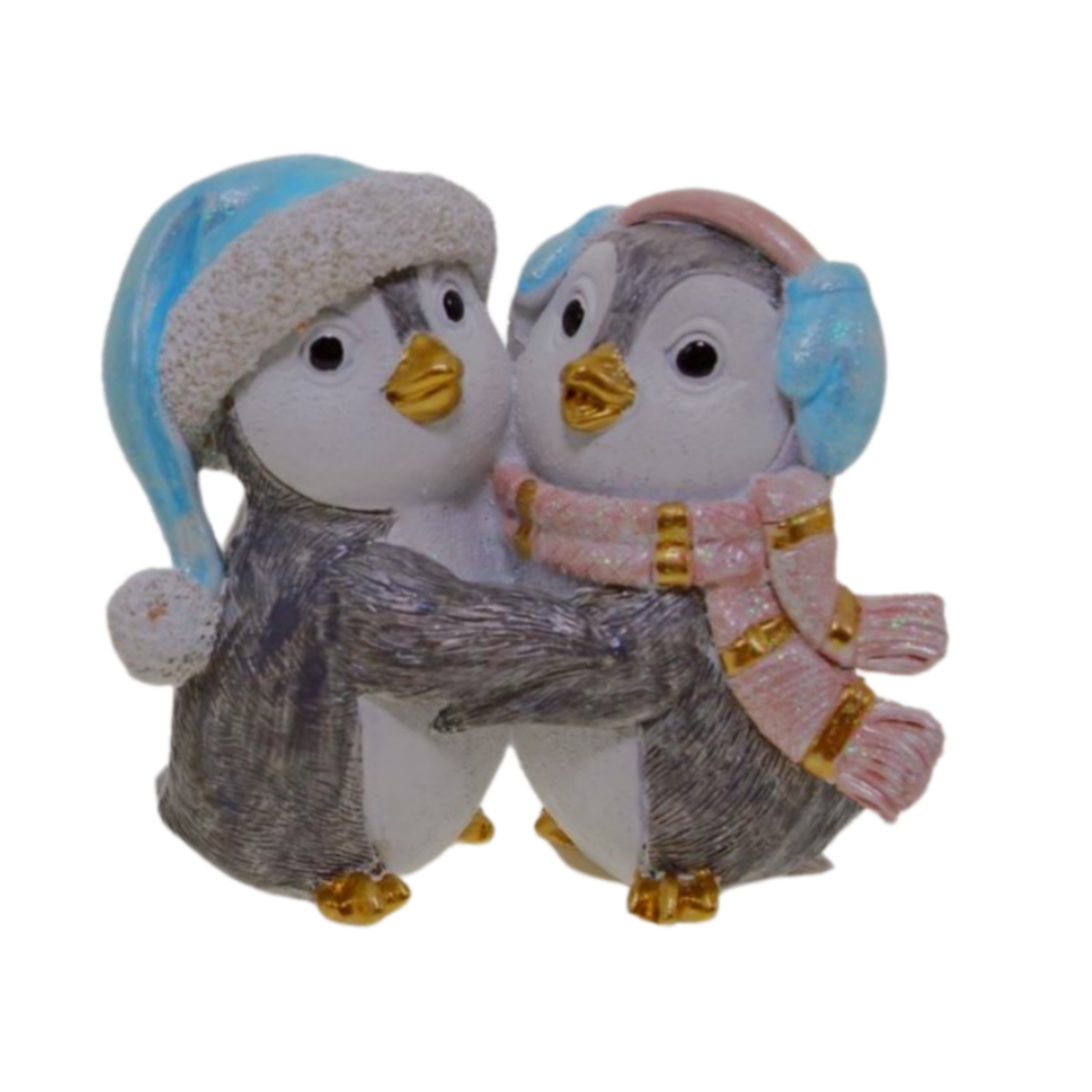 Two penguin figurines embracing, one in a blue bobble hat and one in blue earmuffs with a pink scarf
