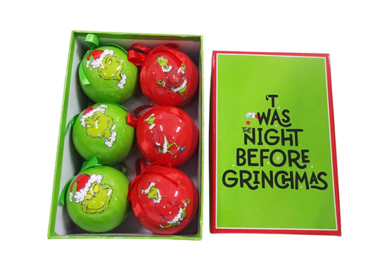Set of red and green Christmas baubles featuring the Grinch wearing a Santa hat, displayed in a gift box with “’Twas the Night Before Grinchmas” lid