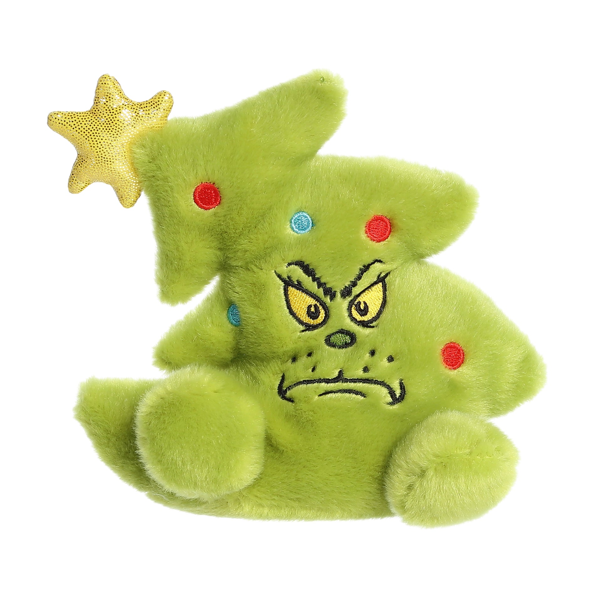 Green Grinch Christmas tree plush with embroidered face, colourful baubles, and gold star topper