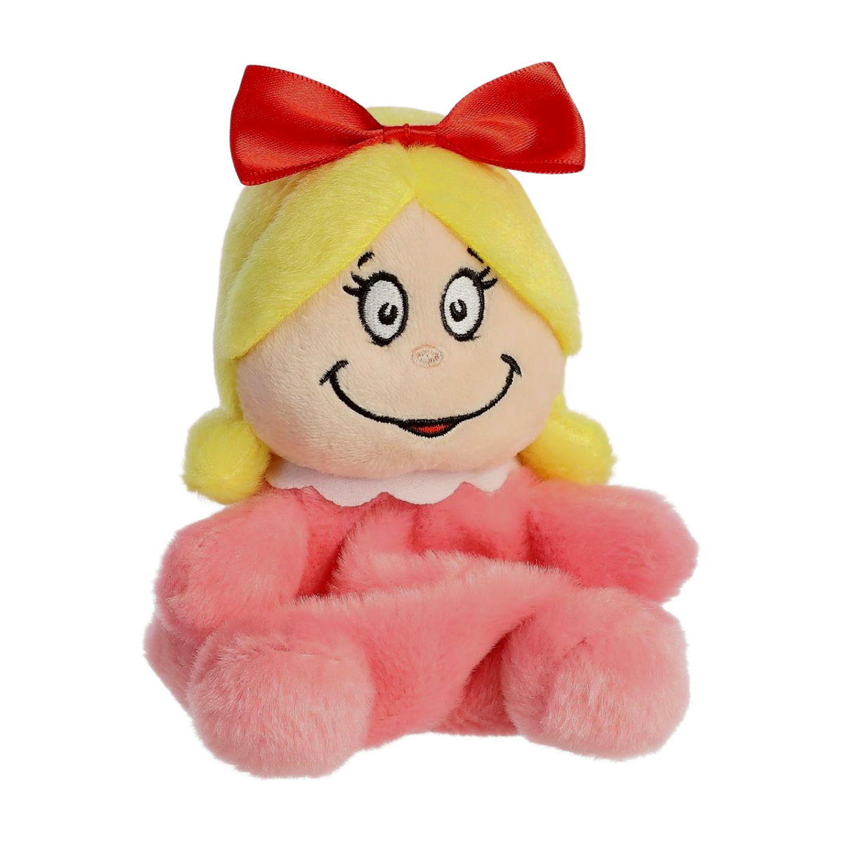 Angled view small plush doll with blonde hair, red bow, pink outfit, and embroidered smiling face inspired by Cindy Lou from the Grinch