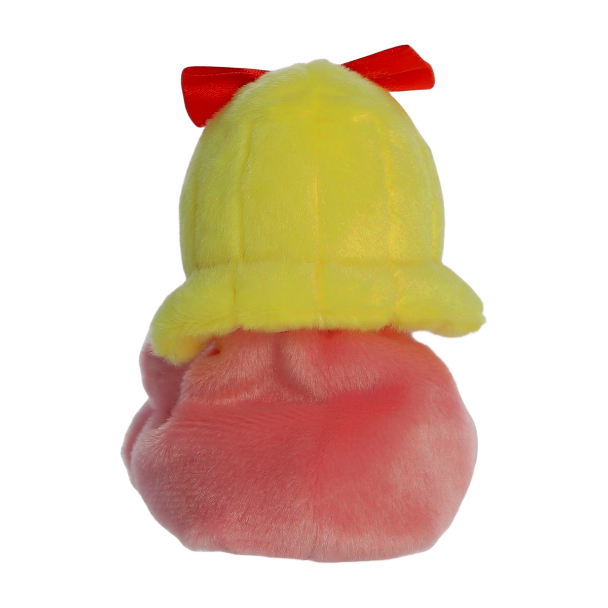 Back view small plush doll with blonde hair, red bow, pink outfit, and embroidered smiling face inspired by Cindy Lou from the Grinch