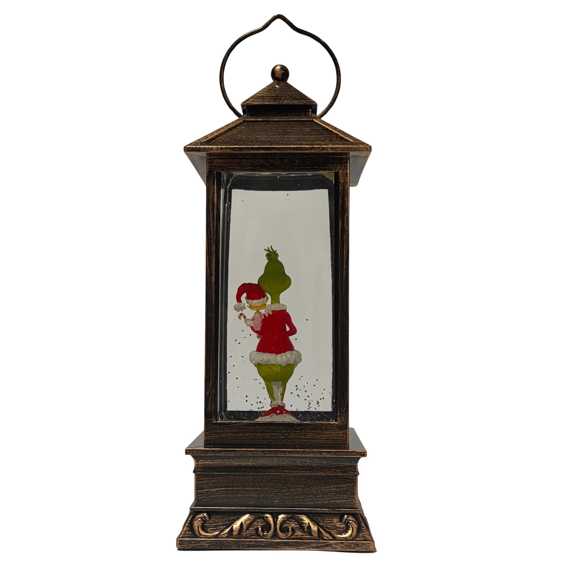 Bronze lantern-style snow globe featuring the Grinch in a Santa outfit with Cindy Lou Who surrounded by swirling glitter
