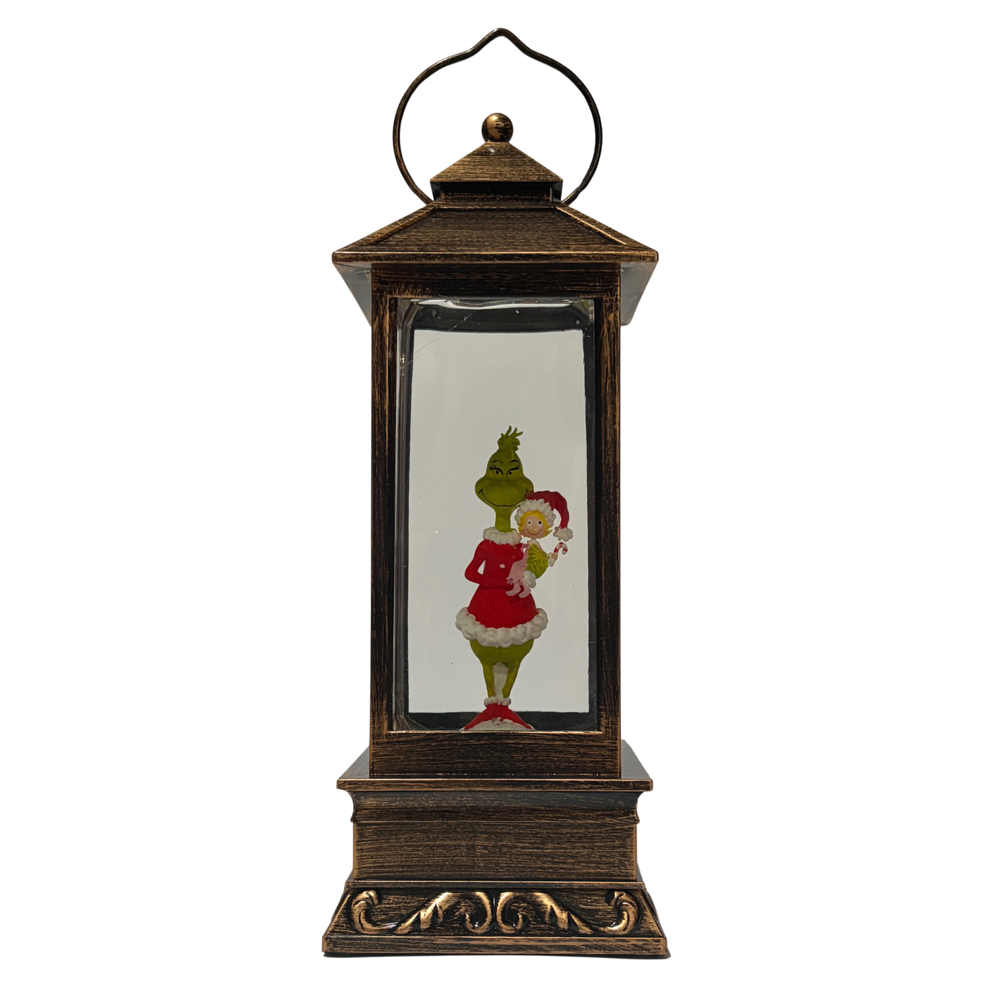 Bronze lantern-style snow globe featuring the Grinch in a Santa outfit with Cindy Lou Who surrounded by swirling glitter
