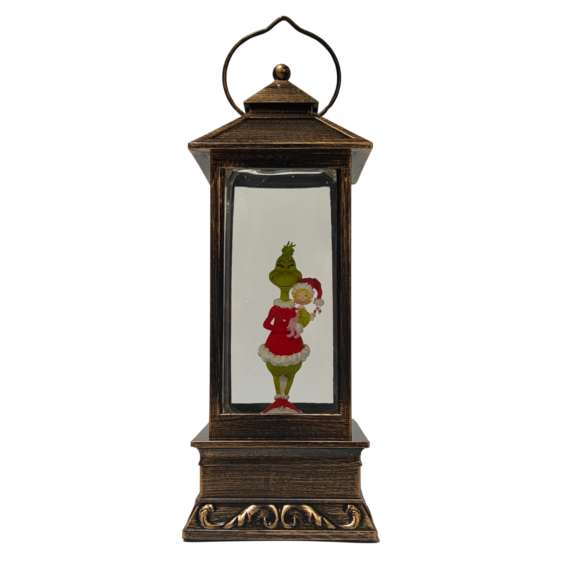 Bronze lantern-style snow globe featuring the Grinch in a Santa outfit with Cindy Lou Who surrounded by swirling glitter