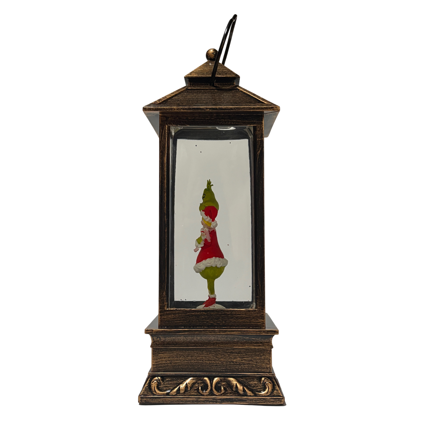 Bronze lantern-style snow globe featuring the Grinch in a Santa outfit with Cindy Lou Who surrounded by swirling glitter