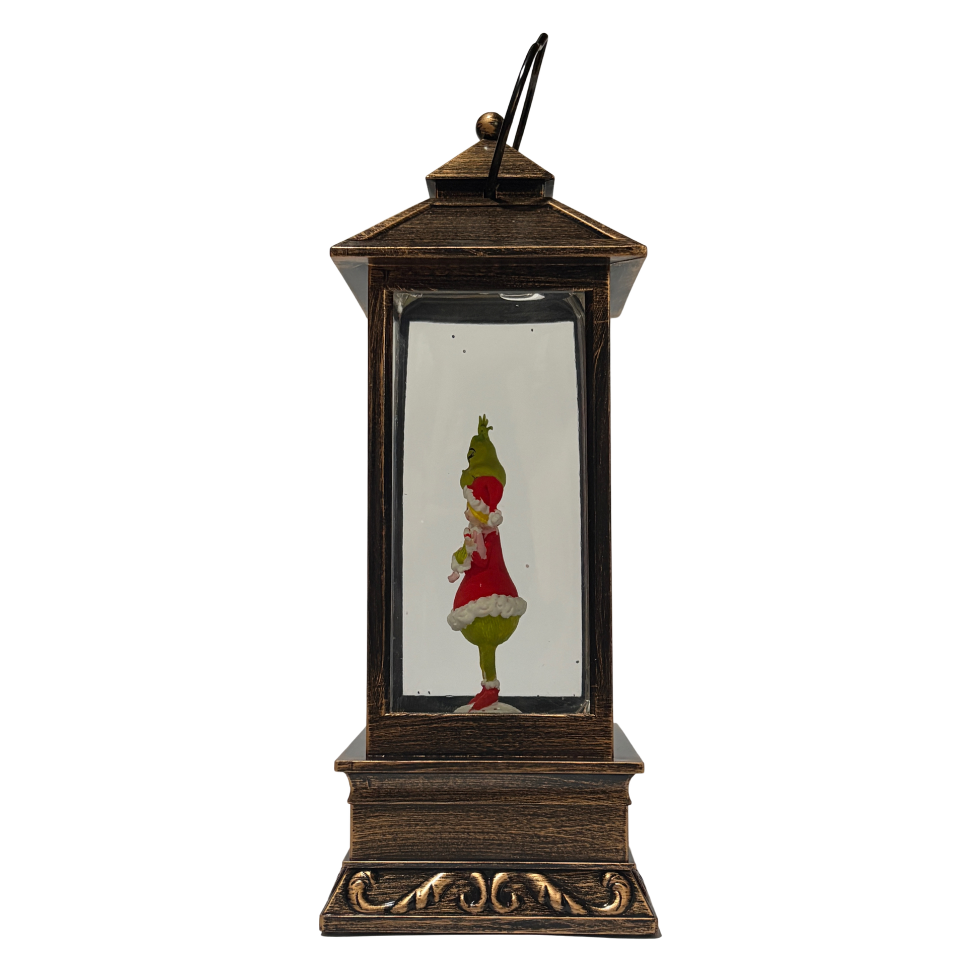 Bronze lantern-style snow globe featuring the Grinch in a Santa outfit with Cindy Lou Who surrounded by swirling glitter