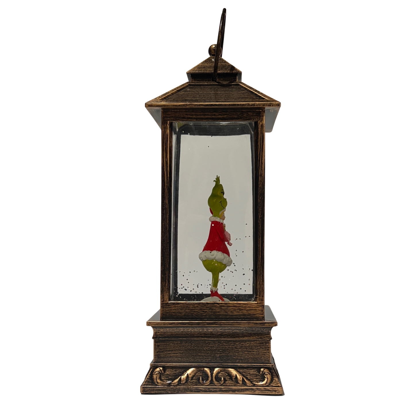 Bronze lantern-style snow globe featuring the Grinch in a Santa outfit with Cindy Lou Who surrounded by swirling glitter