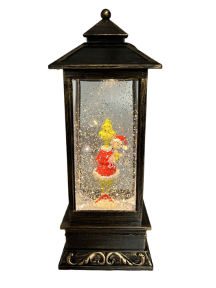Bronze lantern-style snow globe featuring the Grinch in a Santa outfit with Cindy Lou Who surrounded by swirling glitter