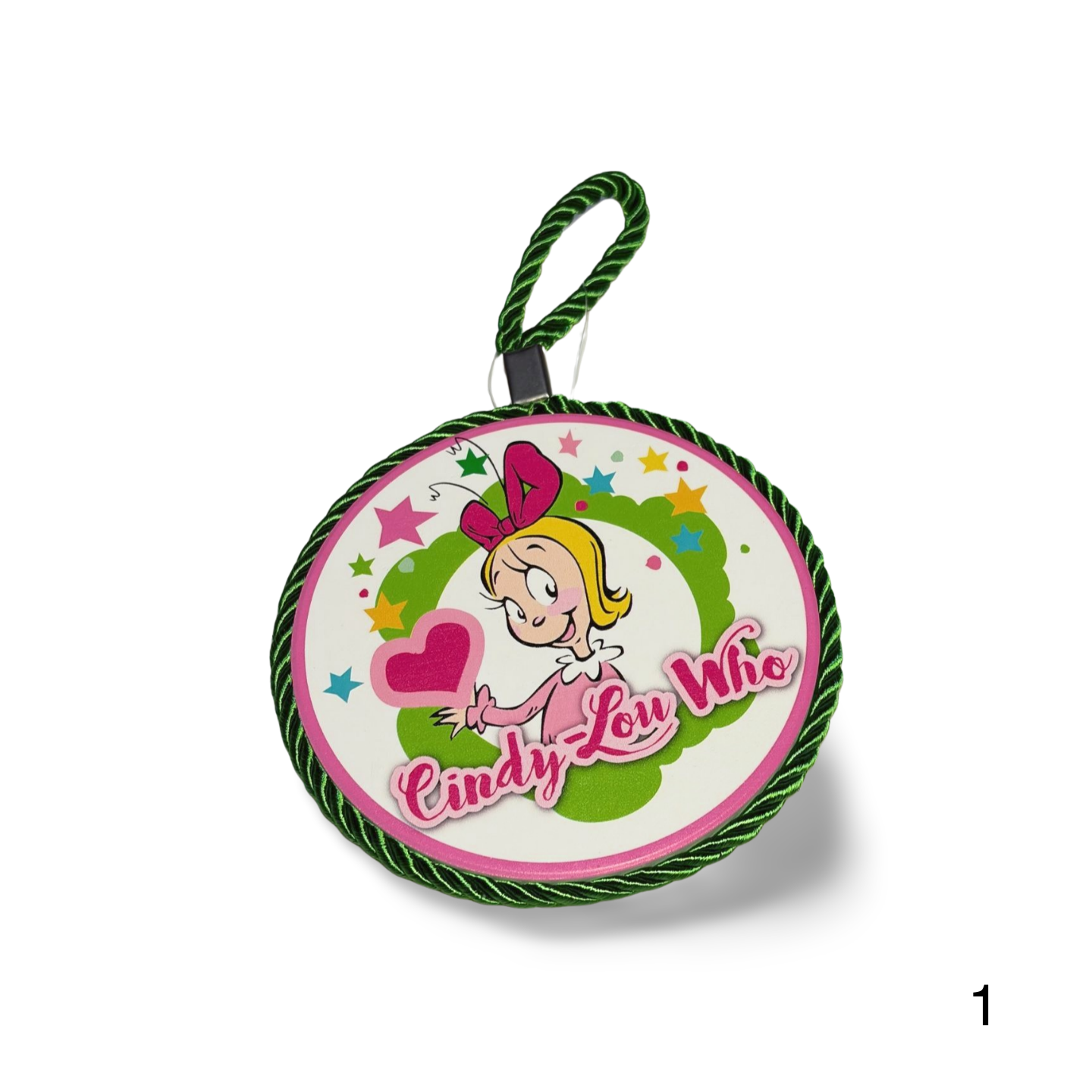 Circular character-themed ornament with a cartoon character and text on a white background