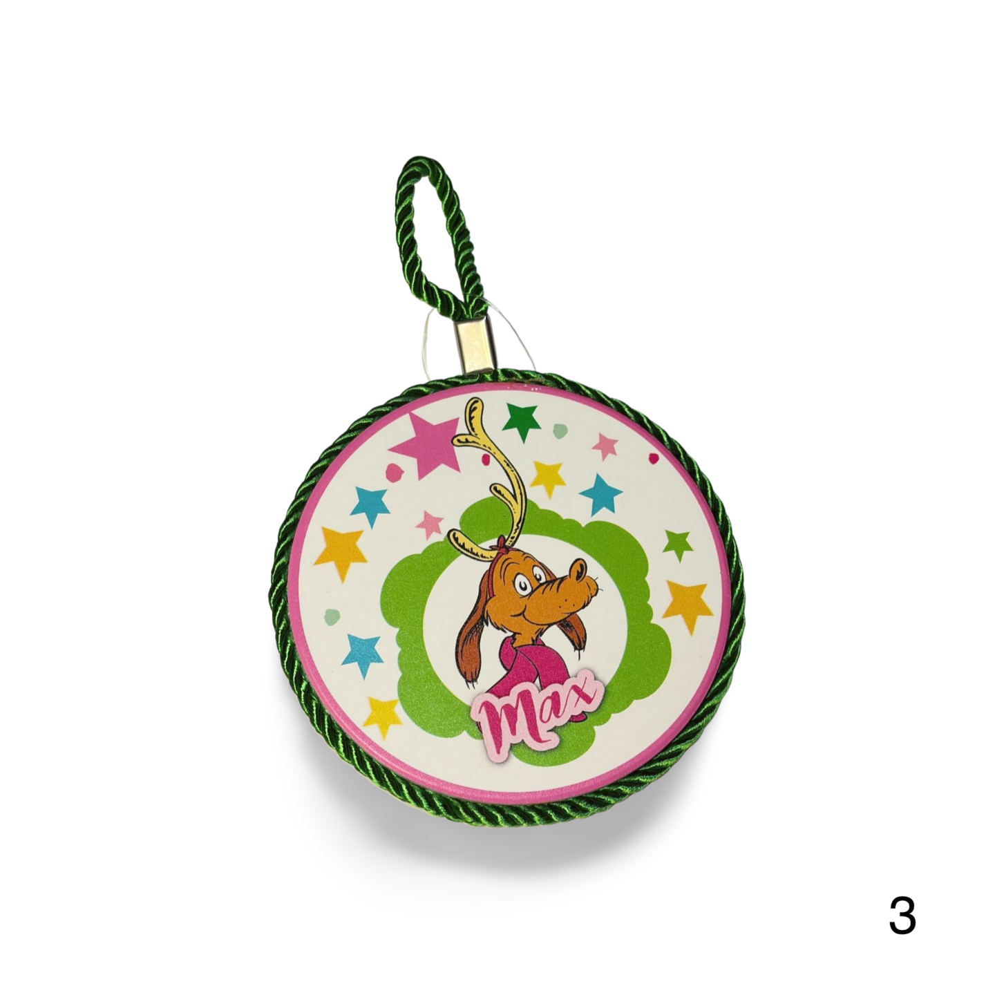 Circular ornament with cartoon dog and colorful stars on a white background