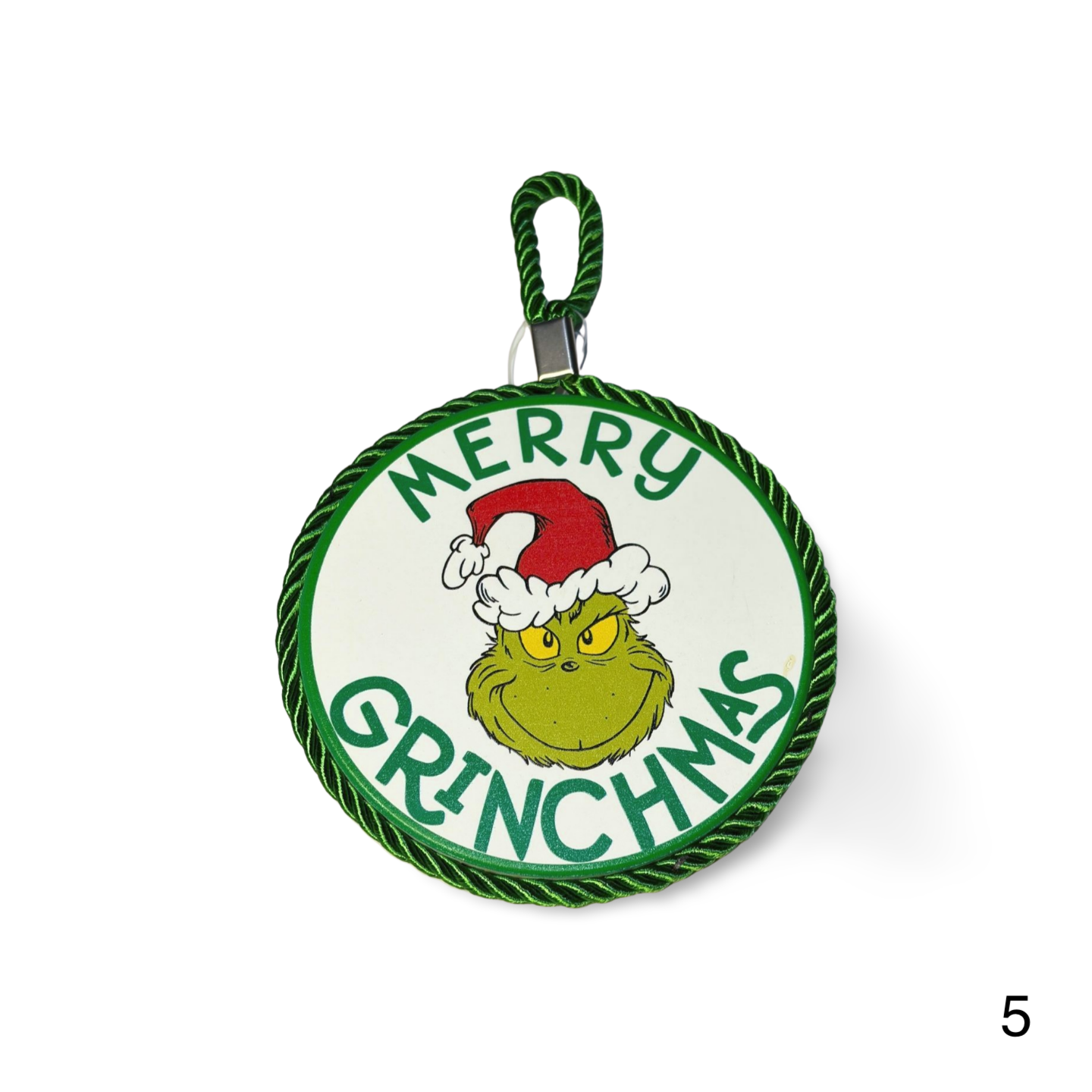 Decorative ornament with Grinch face and 'Merry Grinchmas' text on a white background