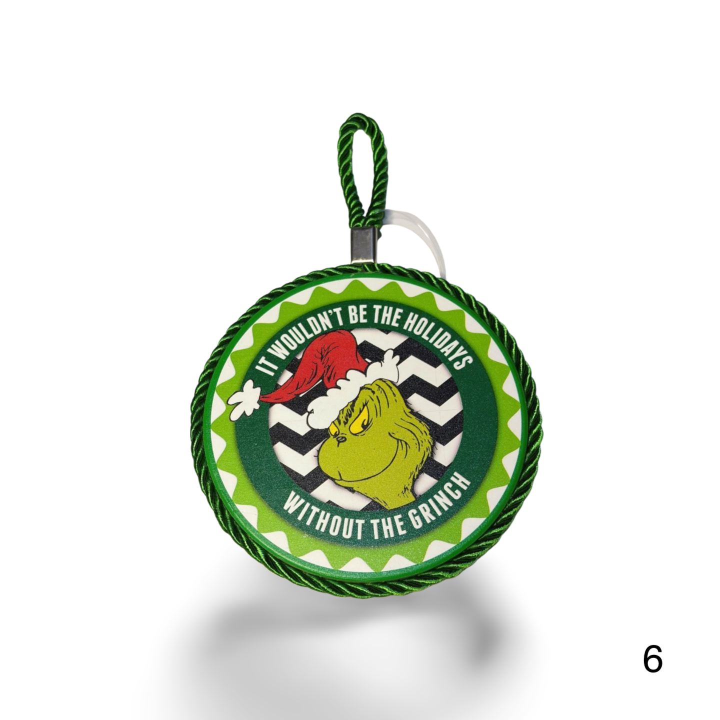Christmas hanging ornament with Grinch design on a white background