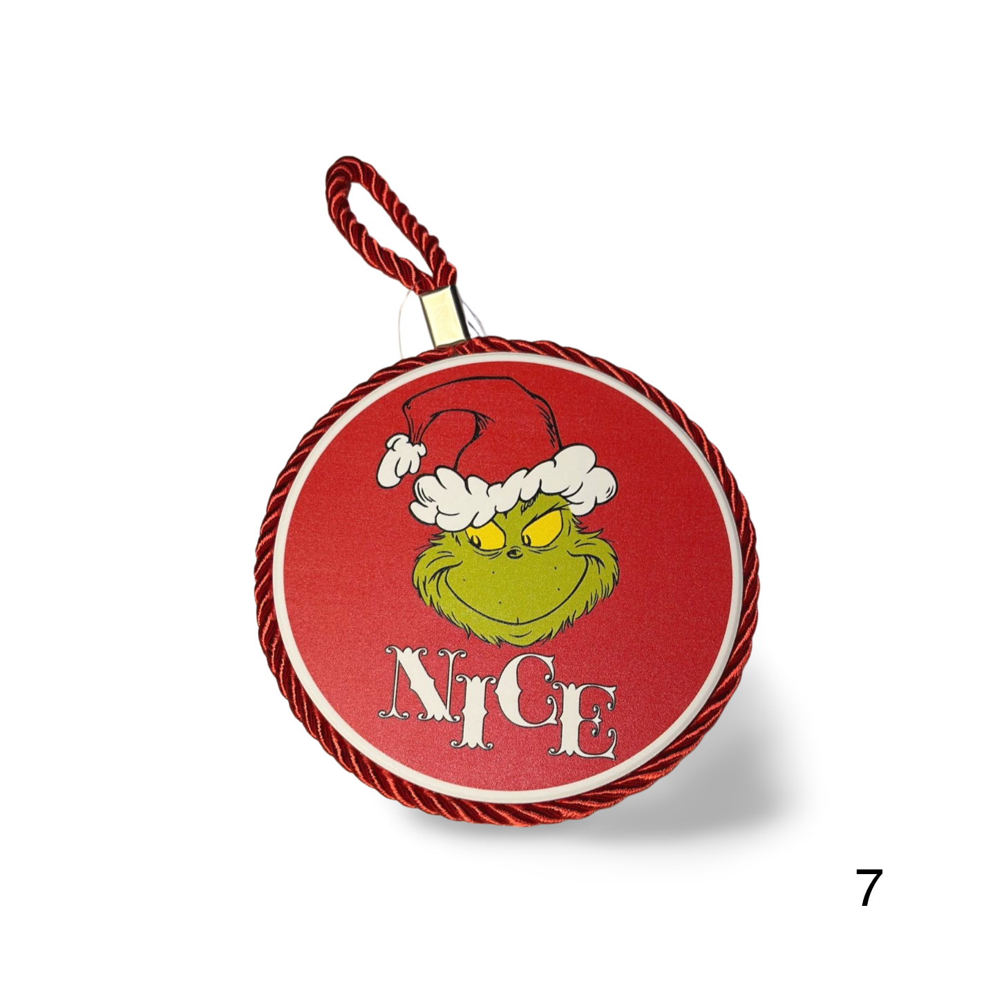 Christmas ornament with Grinch face wearing a Santa hat and 'Nice' text on a red background