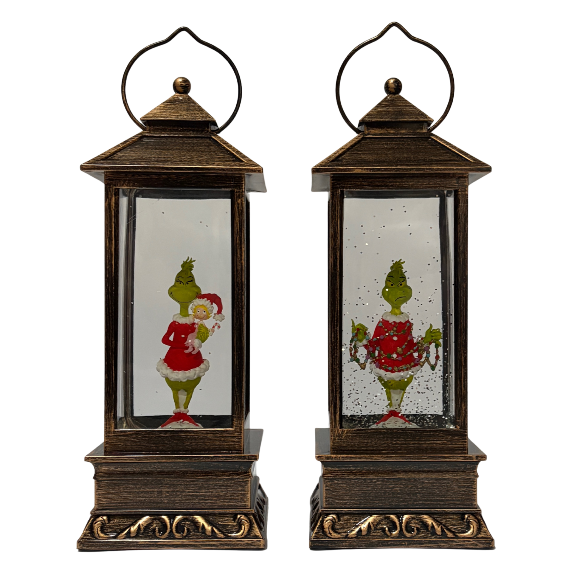 Two decorative lanterns with Grinch-themed illustrations on a white background