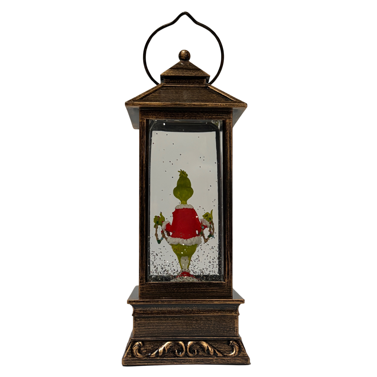 Bronze lantern-style snow globe featuring the Grinch in a red Santa outfit surrounded by swirling glitter