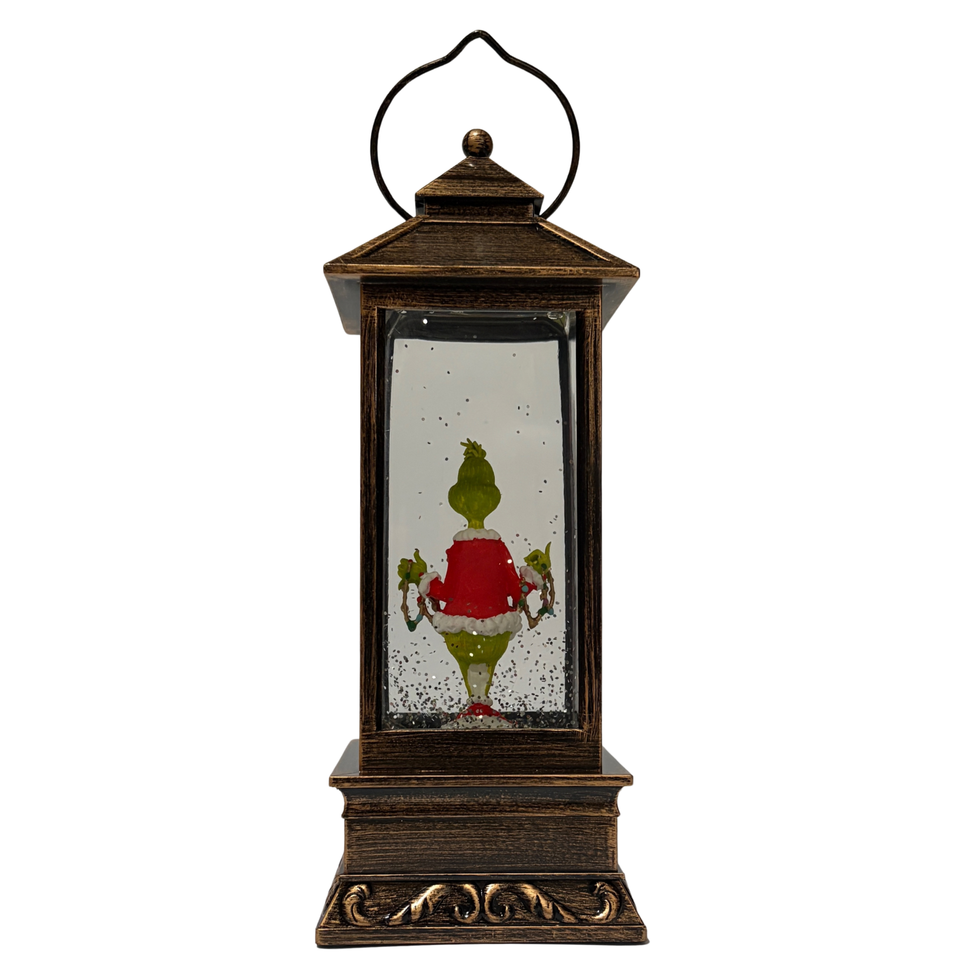 Bronze lantern-style snow globe featuring the Grinch in a red Santa outfit surrounded by swirling glitter