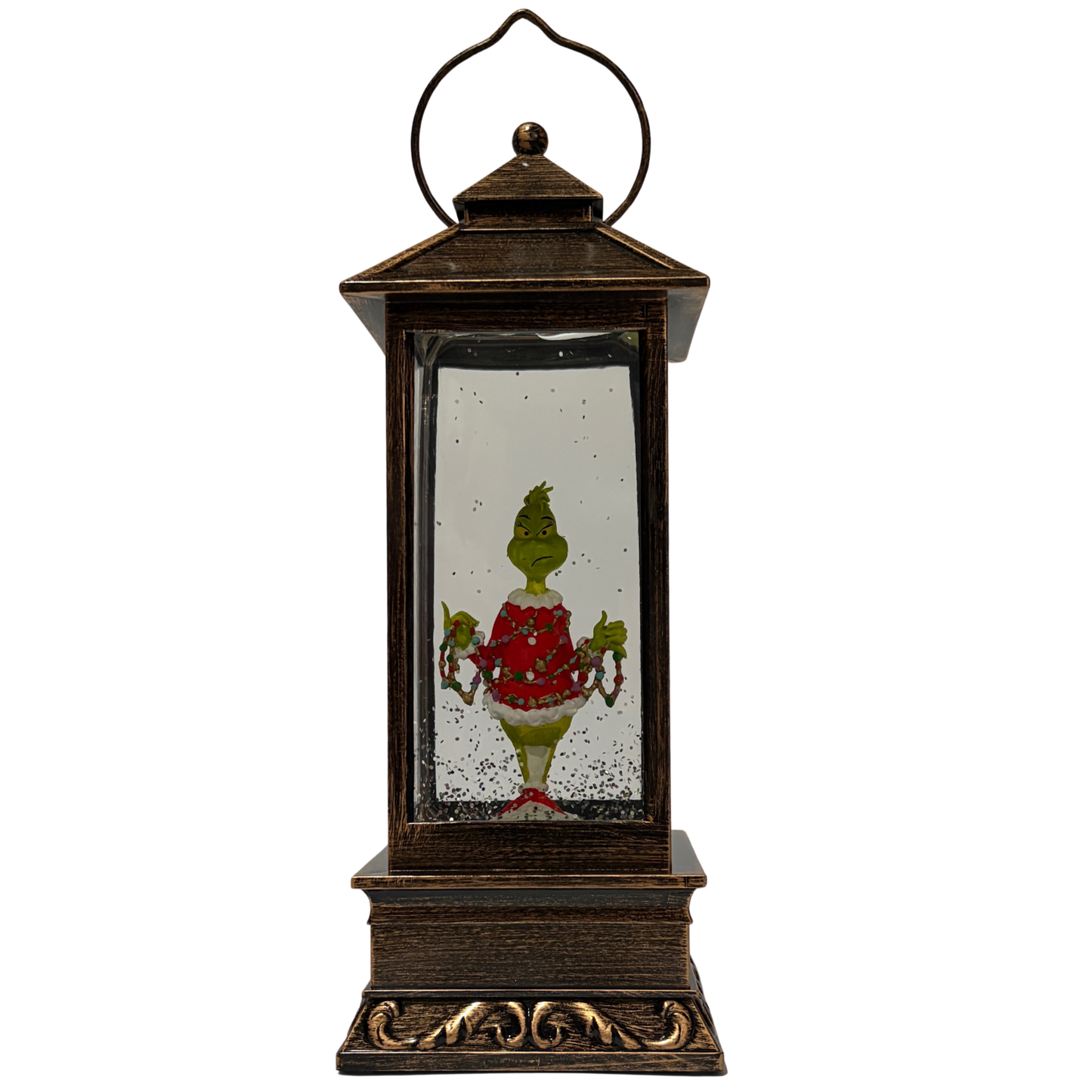 Bronze lantern-style snow globe featuring the Grinch in a red Santa outfit surrounded by swirling glitter