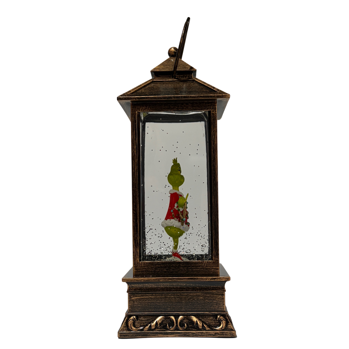 Bronze lantern-style snow globe featuring the Grinch in a red Santa outfit surrounded by swirling glitter