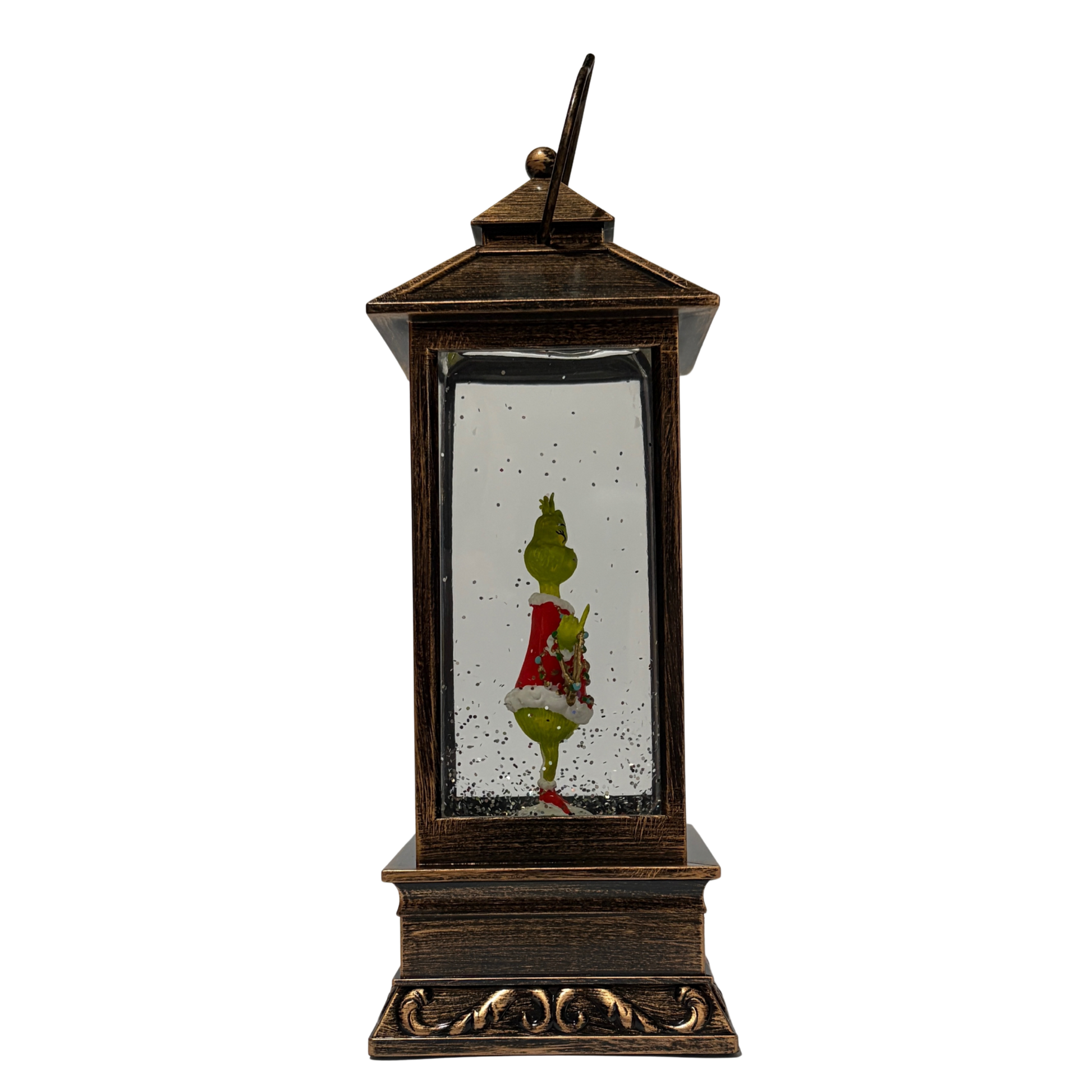 Bronze lantern-style snow globe featuring the Grinch in a red Santa outfit surrounded by swirling glitter