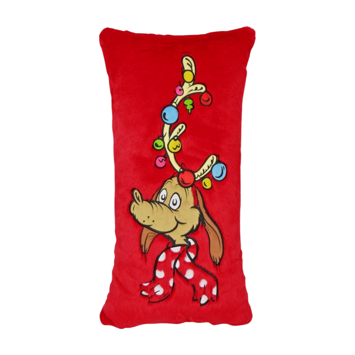 Red rectangular cushion with embroidered image of Max the dog from the Grinch story wearing a red scarf and decorated antler
