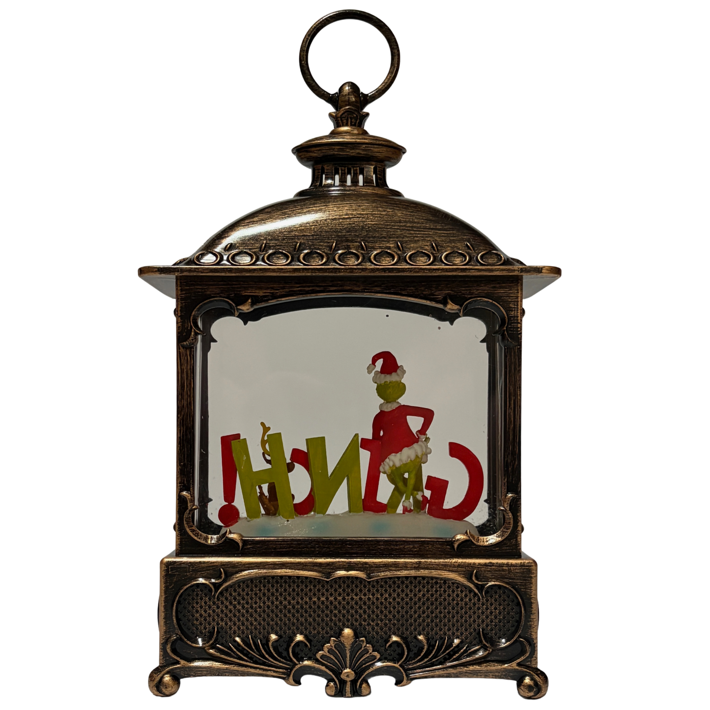 Bronze lantern-style snow globe featuring the Grinch in a Santa outfit with Max the dog and red “GRINCH” lettering surrounded by swirling glitter