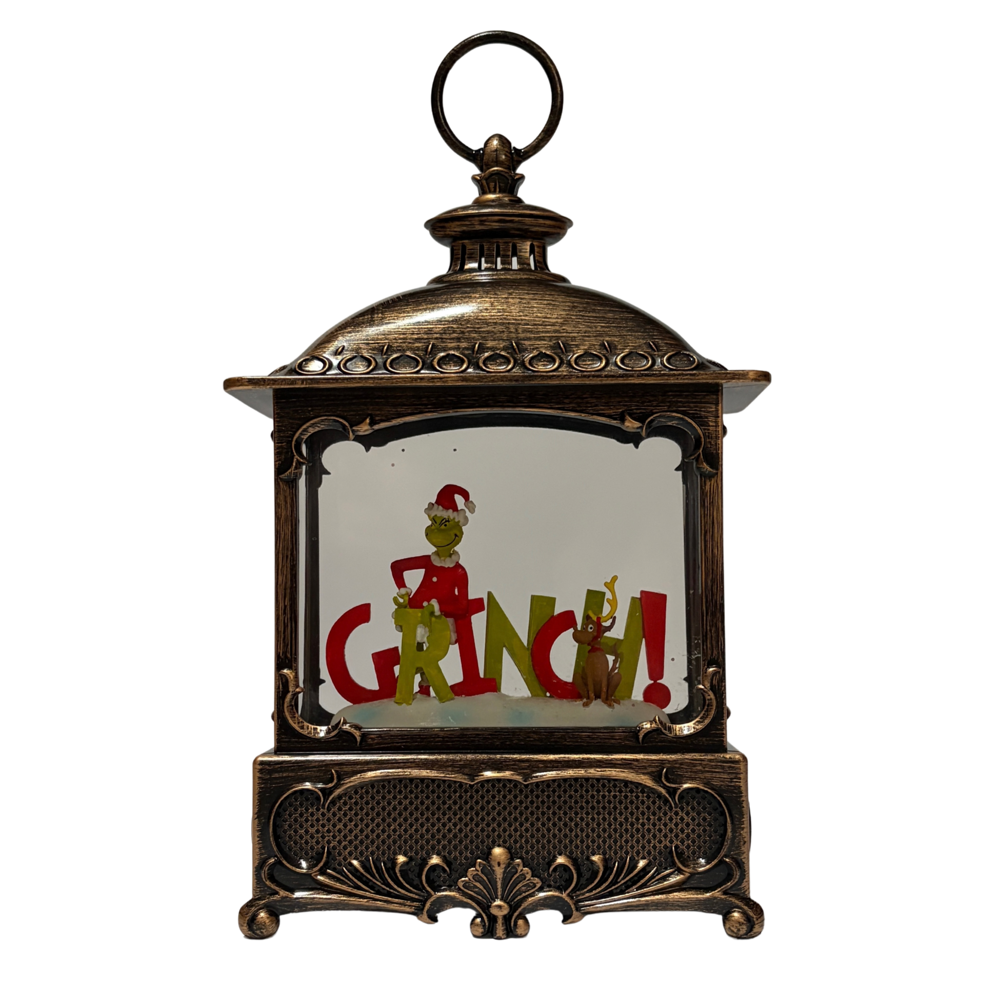 Bronze lantern-style snow globe featuring the Grinch in a Santa outfit with Max the dog and red “GRINCH” lettering surrounded by swirling glitter