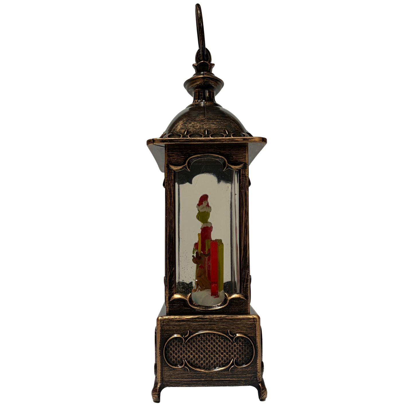 Bronze lantern-style snow globe featuring the Grinch in a Santa outfit with Max the dog and red “GRINCH” lettering surrounded by swirling glitter