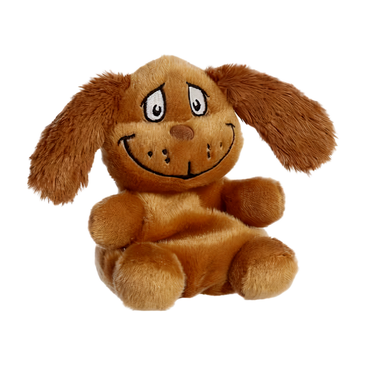 Small brown plush dog with floppy ears and embroidered smiling face inspired by Max from the Grinch