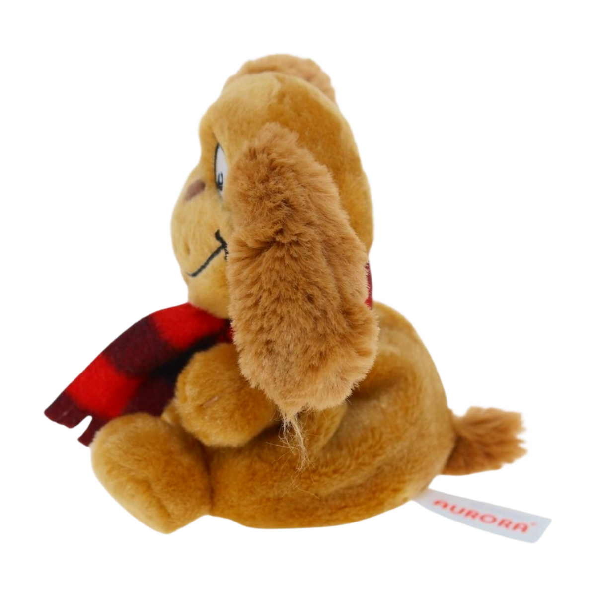 Side view small brown plush dog with floppy ears and embroidered smiling face inspired by Max from the Grinch