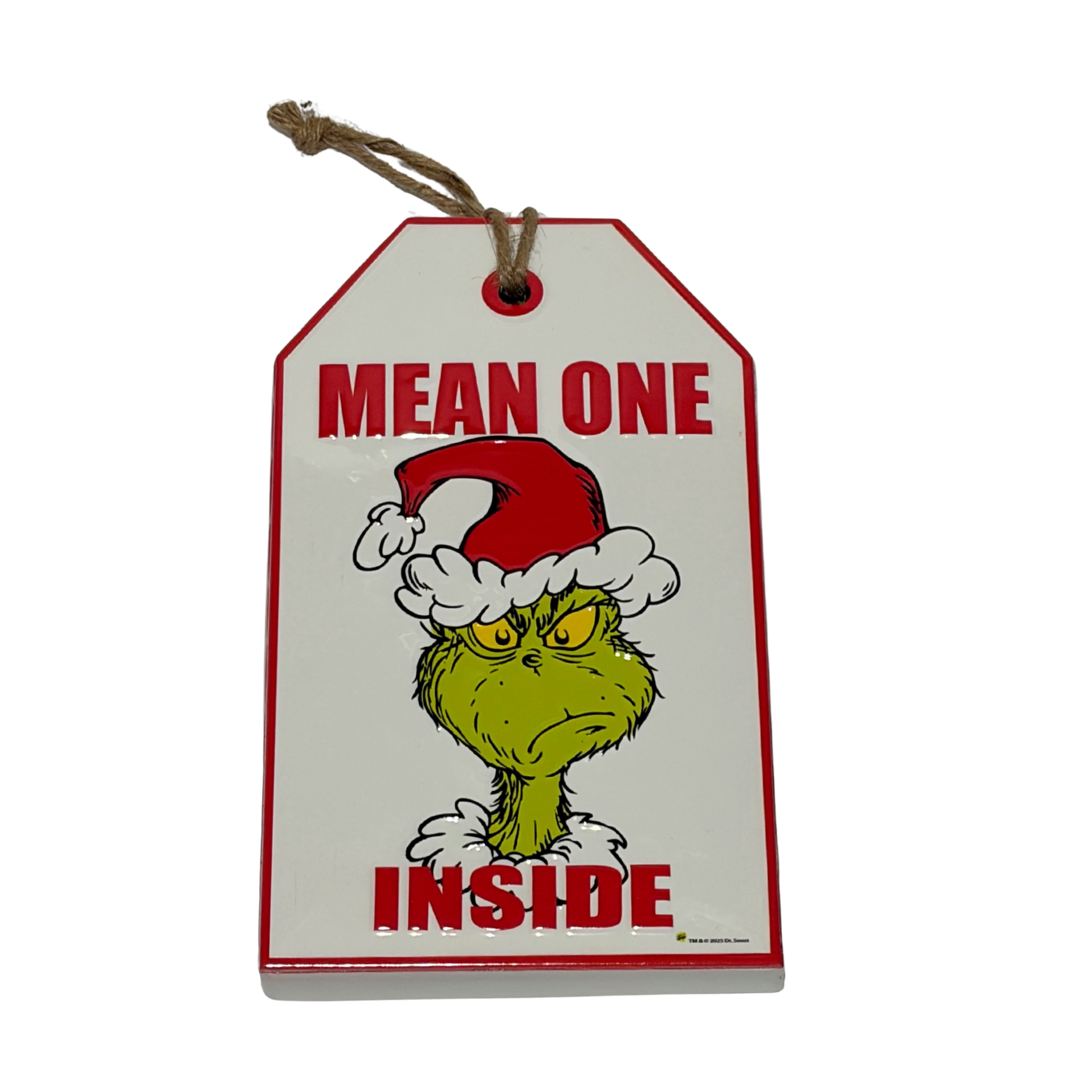 Door hanger featuring the Grinch wearing a Santa hat with red text reading “Mean One Inside”