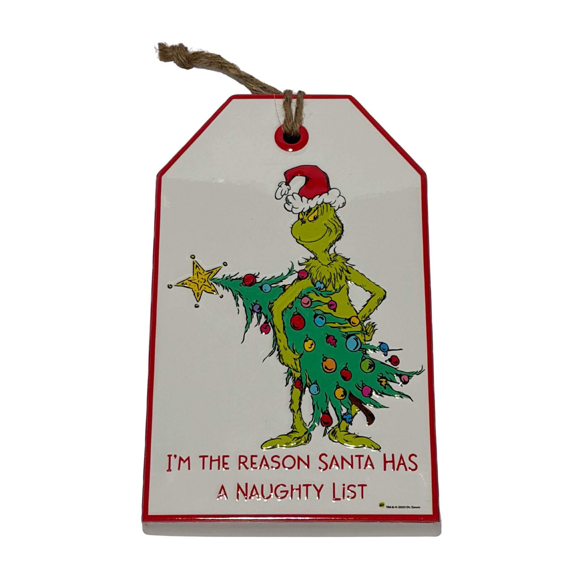 Door hanger featuring the Grinch in a Santa hat holding a Christmas tree with text reading “I’m the Reason Santa Has a Naughty List”