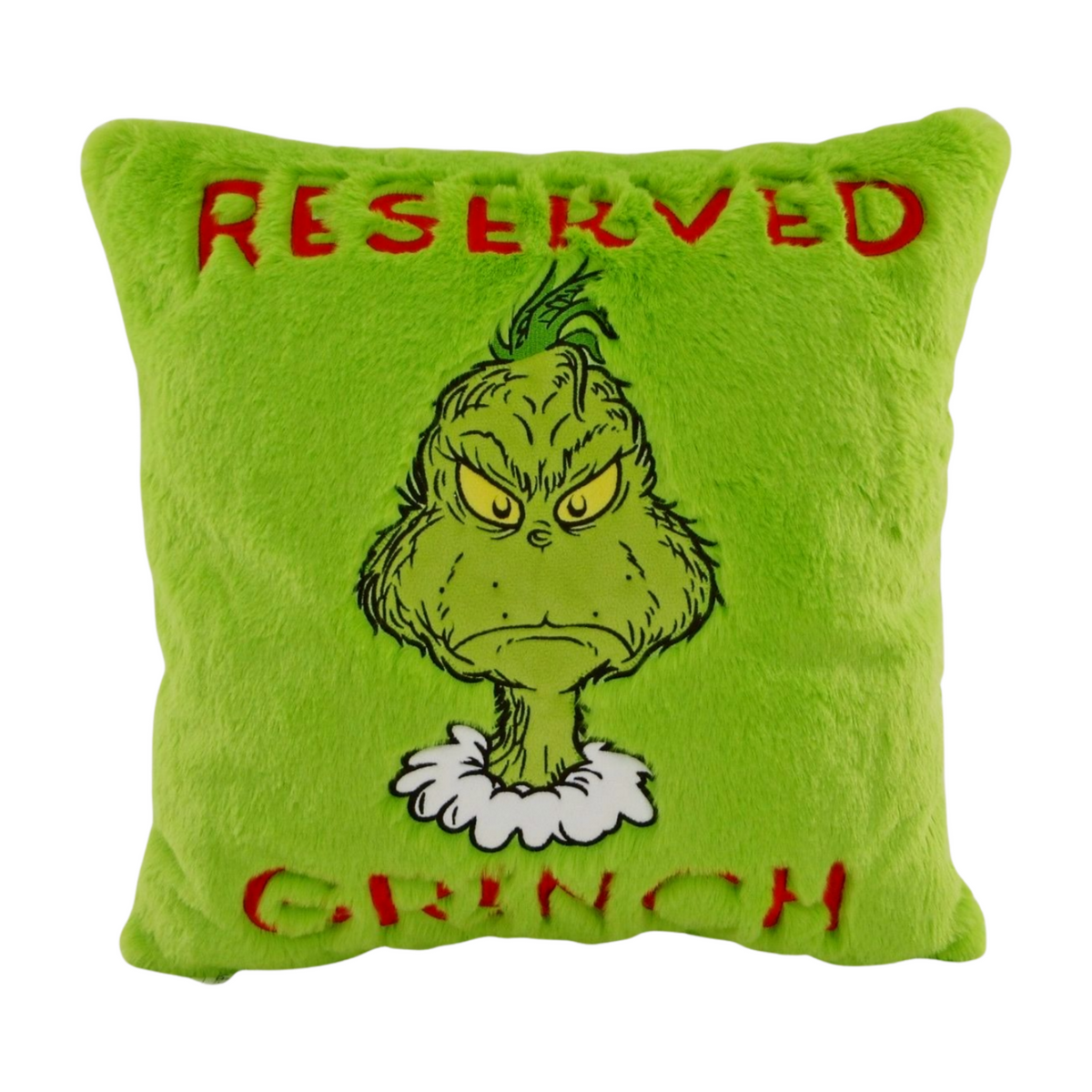 Green square cushion with an embroidered image of the Grinch and the words “Reserved Grinch” in red lettering