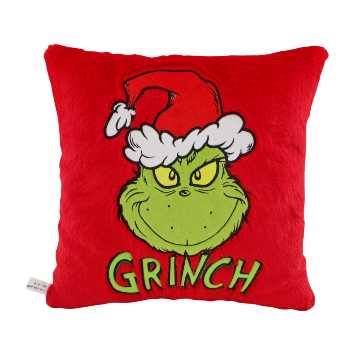 Red square cushion with an embroidered image of the Grinch smiling in a Santa hat and the word “Grinch” below
