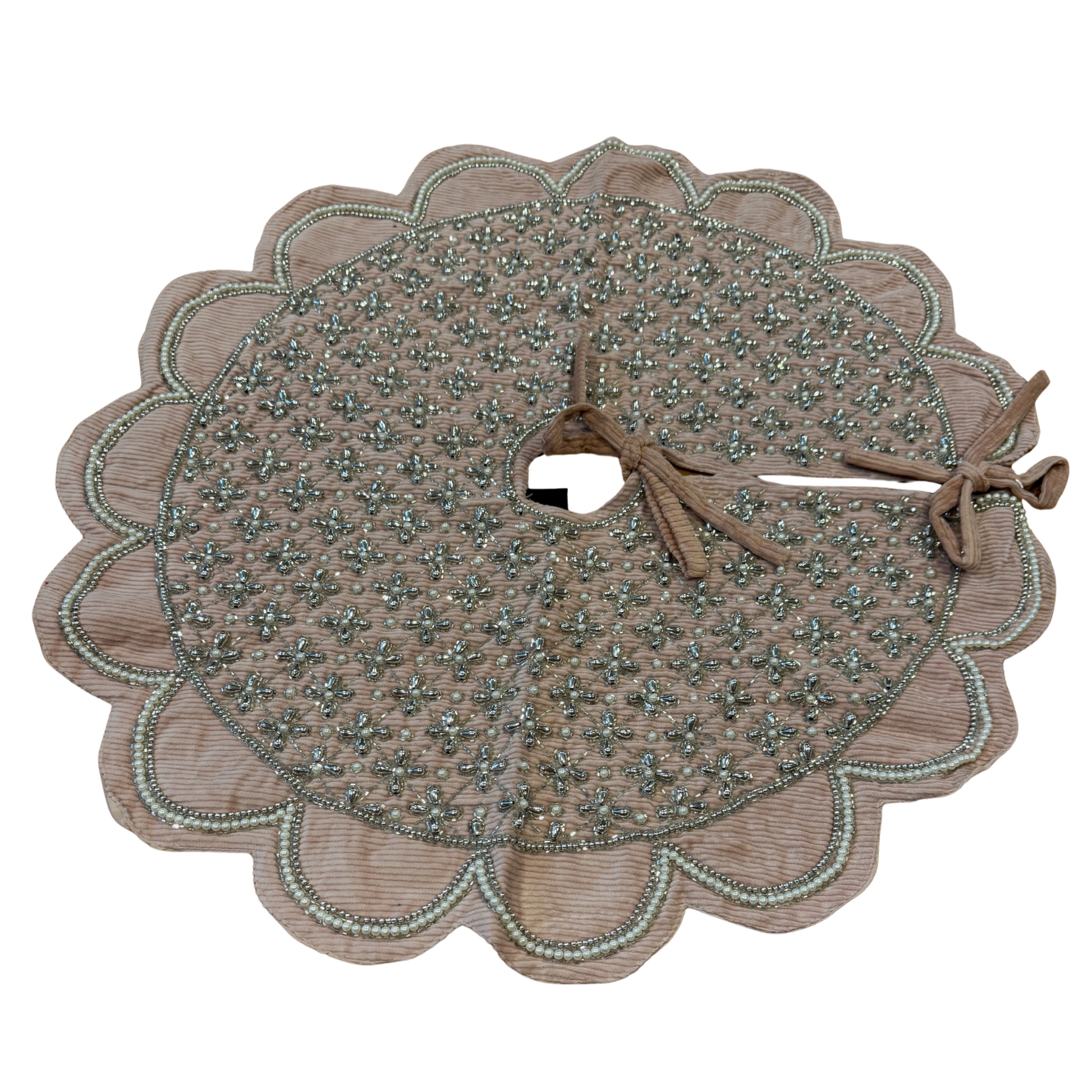 Hand-beaded pink velvet Christmas tree skirt with scalloped edge and silver beadwork