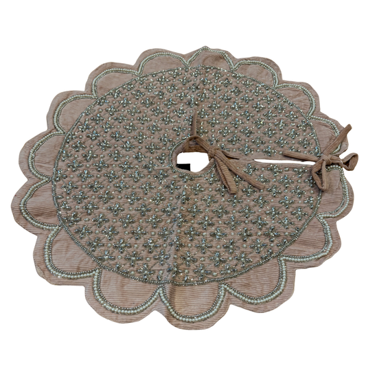 Hand-beaded pink velvet Christmas tree skirt with scalloped edge and silver beadwork