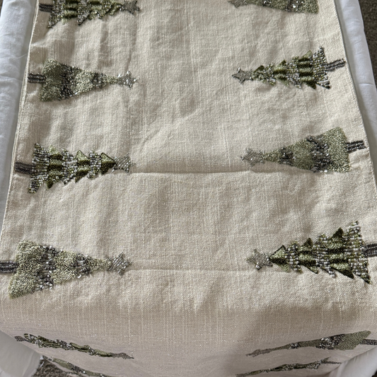 Hand-beaded cream table runner with green and silver Christmas tree design
