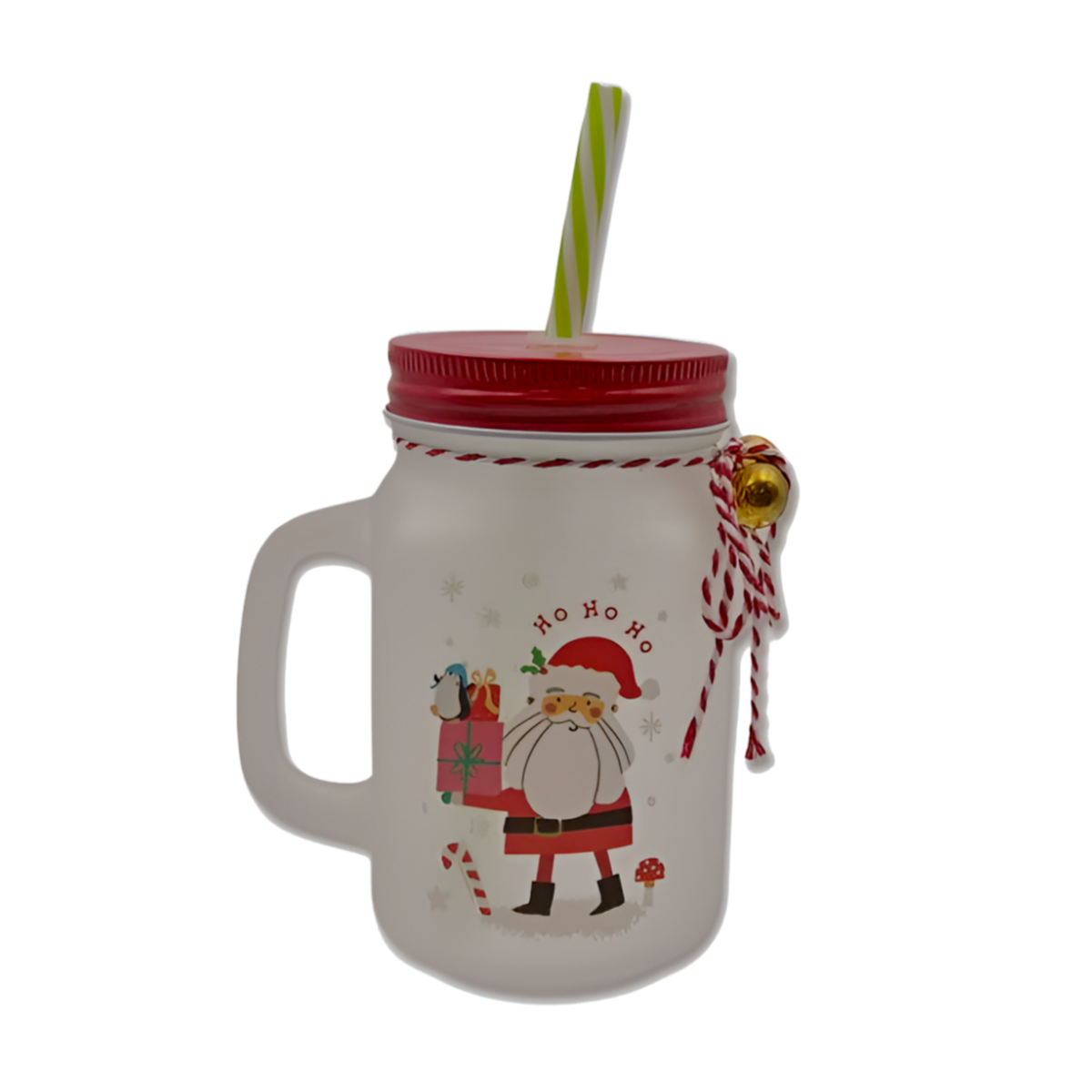 Frosted glass Santa Ho Ho Ho Christmas mason jar with red lid, striped straw and jingle bell