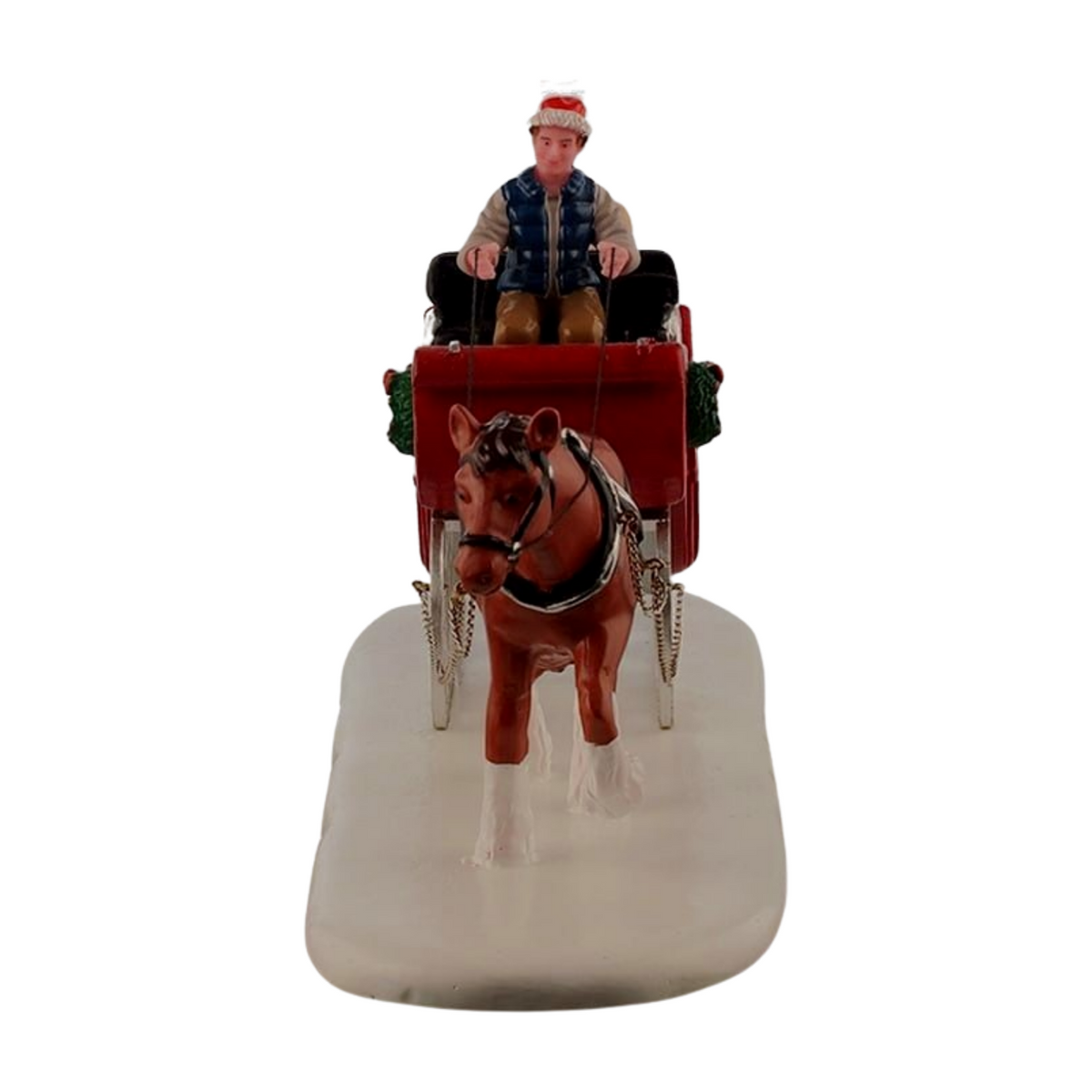 Front-facing view of Christmas village horse-drawn sleigh figurine showing brown horse in harness and driver in Santa hat holding reins 