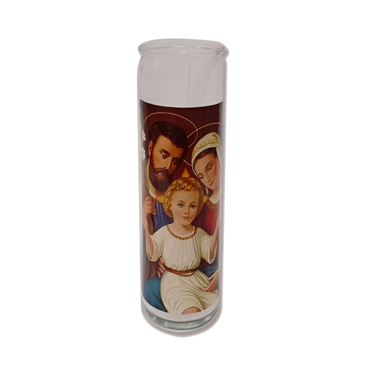 Tall glass prayer candle with Holy Family portrait of Joseph, Mary and young Jesus