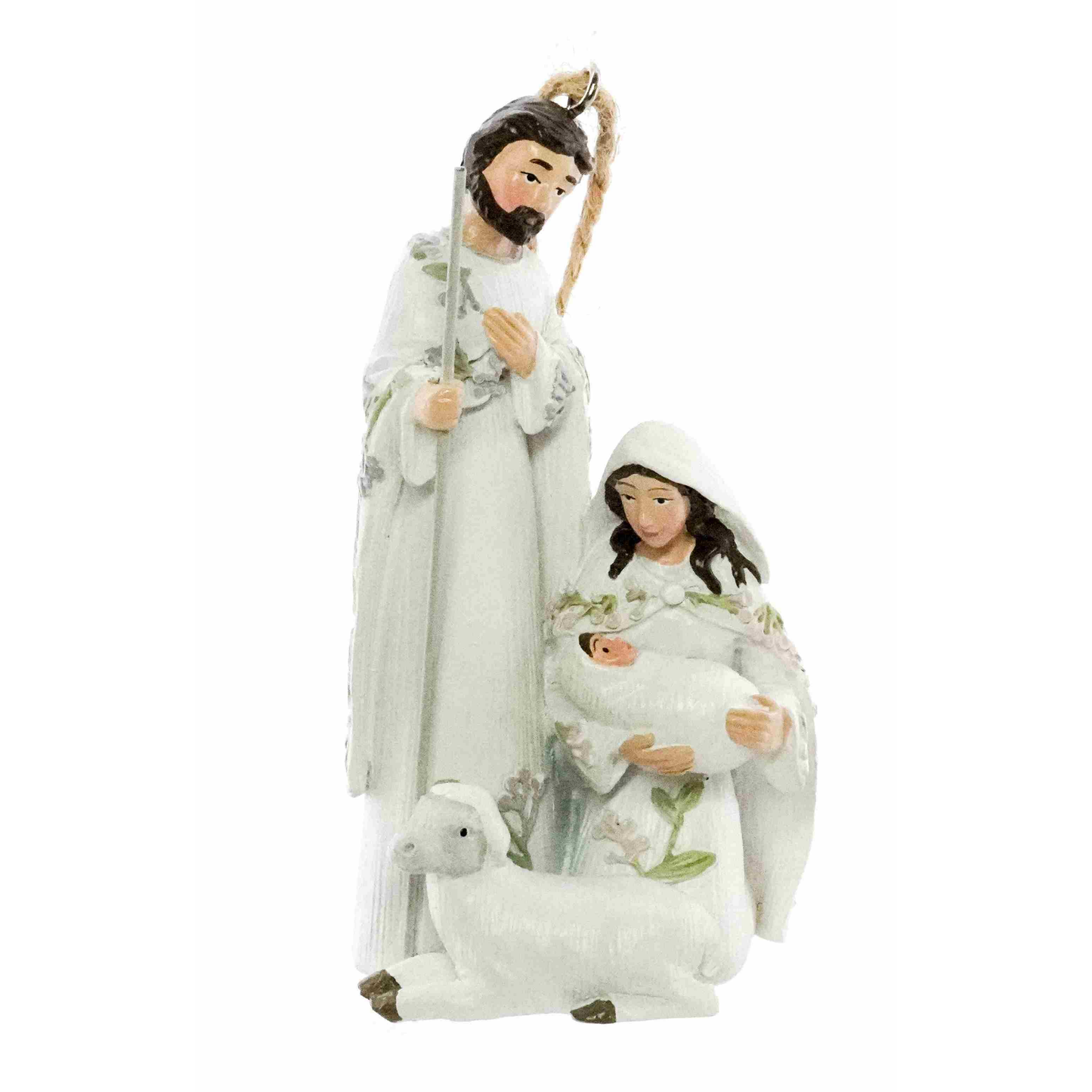 White nativity Christmas tree decoration with Mary, Joseph, baby Jesus and a lamb with floral detail